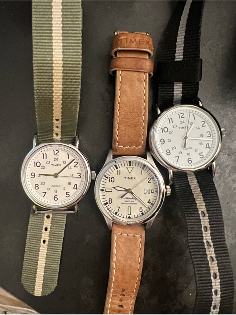 Timex Men's Watches with White Dials, Brown, Green & Black Straps